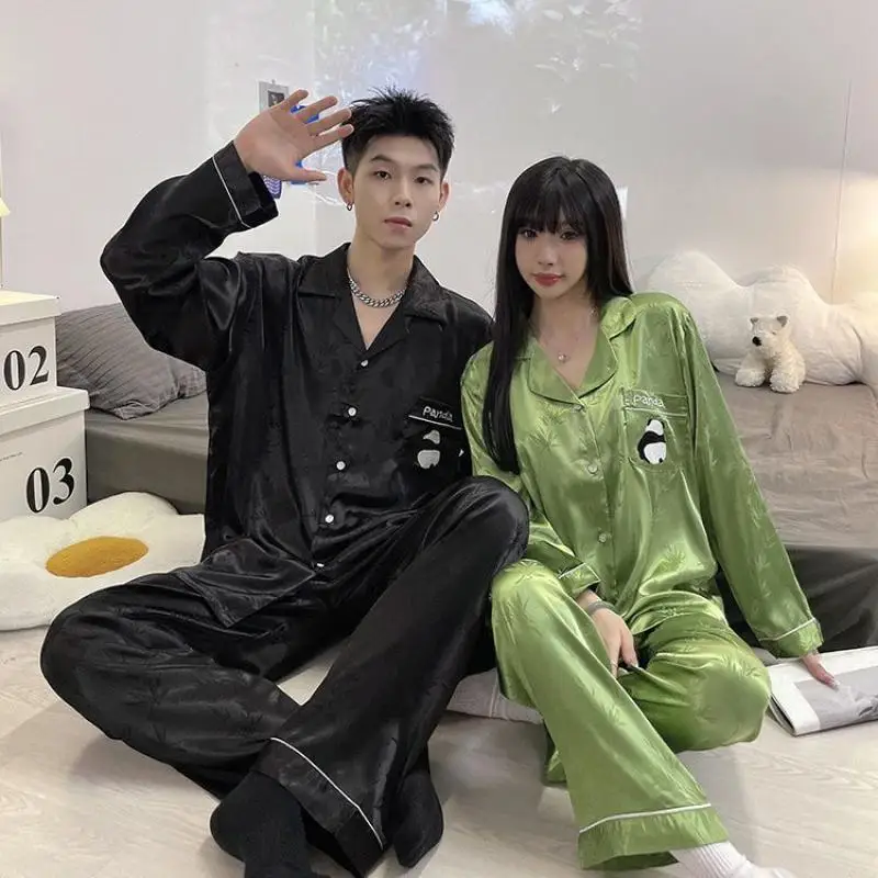 

Kawaii Panda Ice Silk Couple Pajamas Spring/Summer Long Sleeved Homewear Advanced Sense Bamboo Dark Pattern New Silk Set