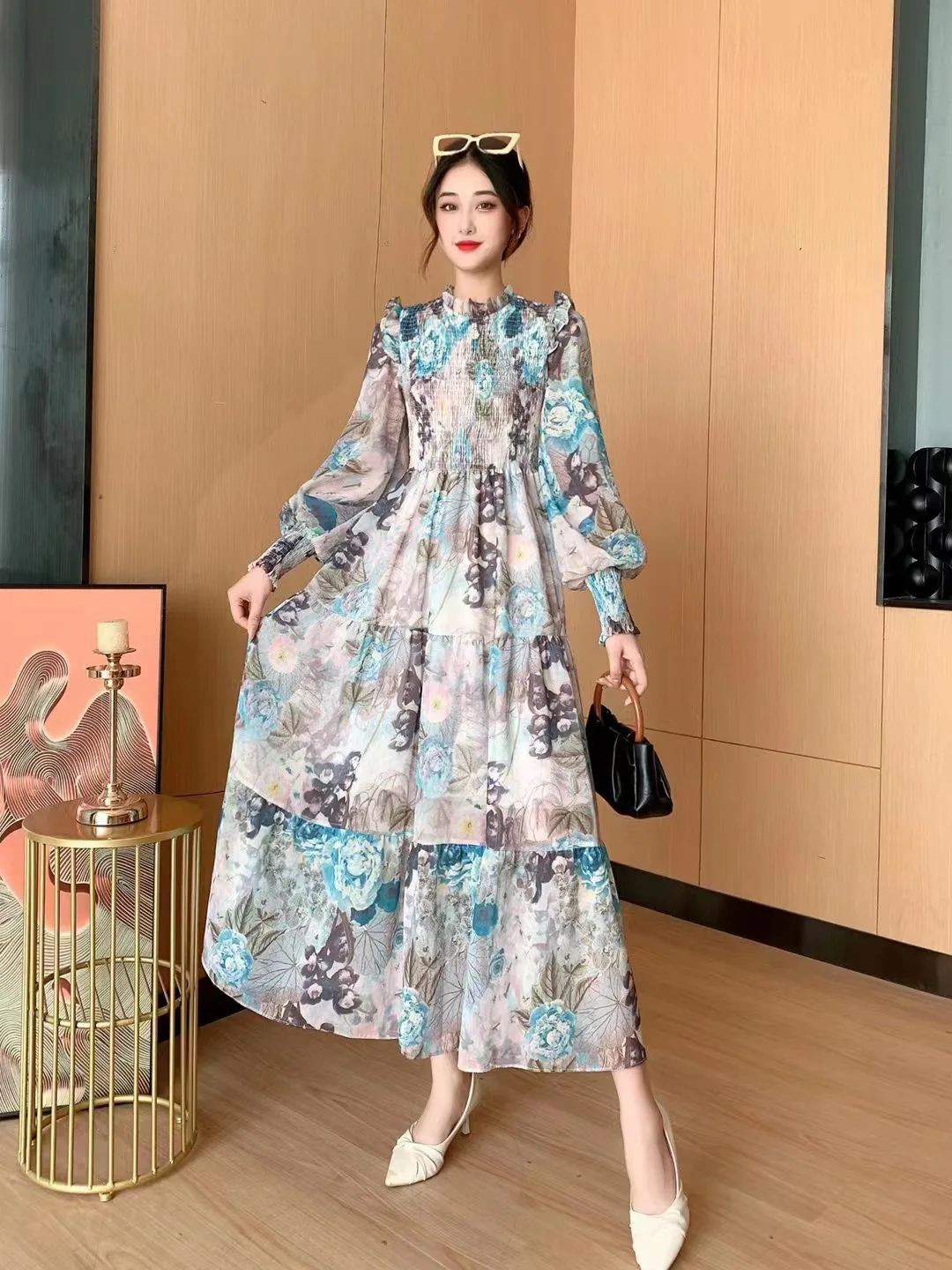 2024 Muslim Turkey Spring Autumn Women Long Sleeve Dress Sweet Flowers Print  Chiffon Long Dress Holiday Dress