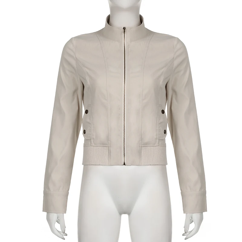 Abrigo con cremallera retro americano de invierno Y2K, chaqueta minimalista lisa de corte entallado con bolsillo, atuendo informal grunge para mujer