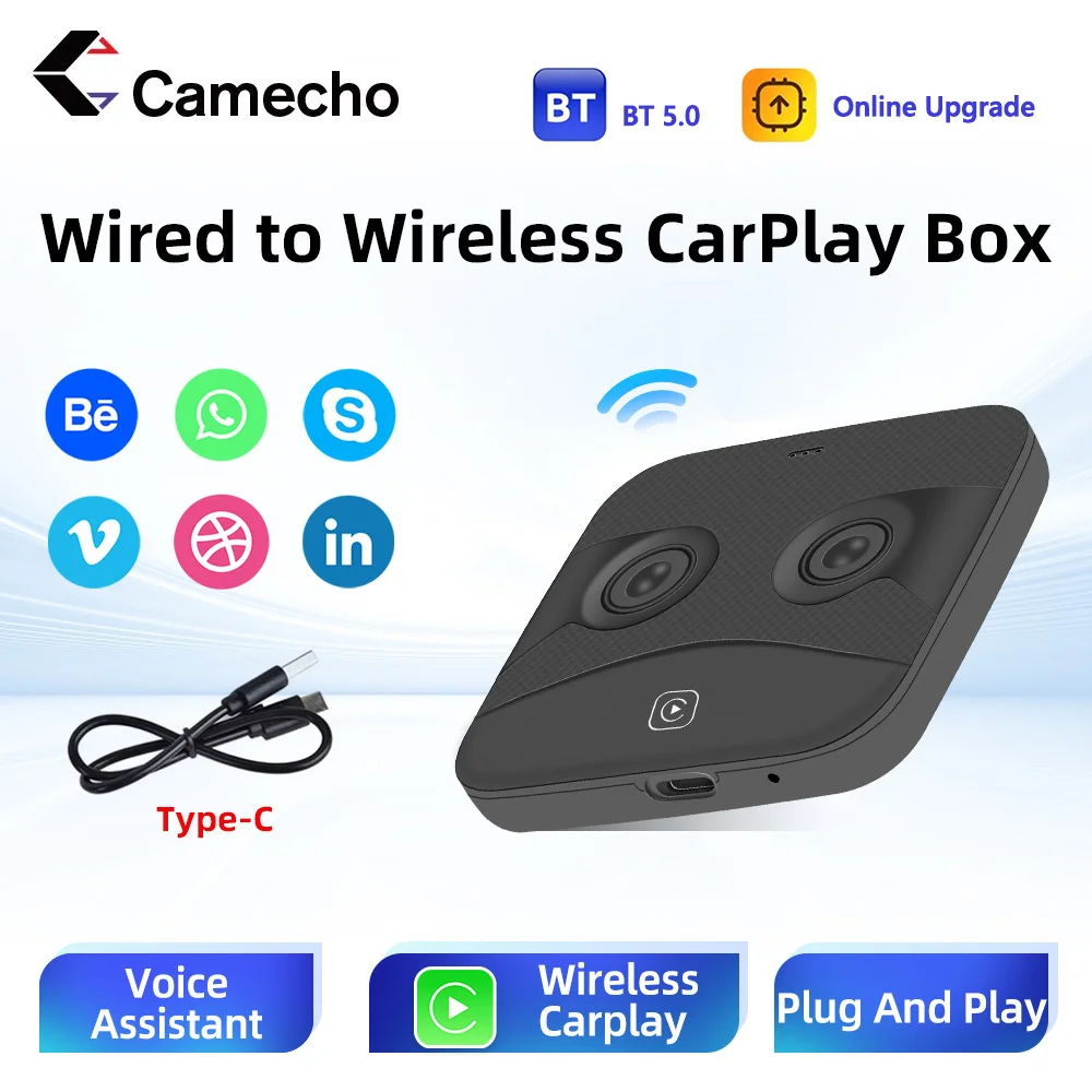 

Camecho Wired Apple CarPlay to Wireless Carplay USB Ai Box Original Dongle Activator For Audi Benz VW Volvo Toyota Type-C Port