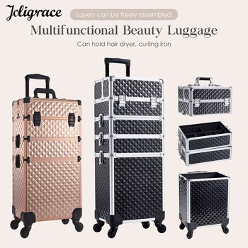 Makeup Trolley Suitcase Detachable 4in1 Alloy Train Briefcase for Nail Manicure on Wheels Lock Salon Large Capacity Storage Case