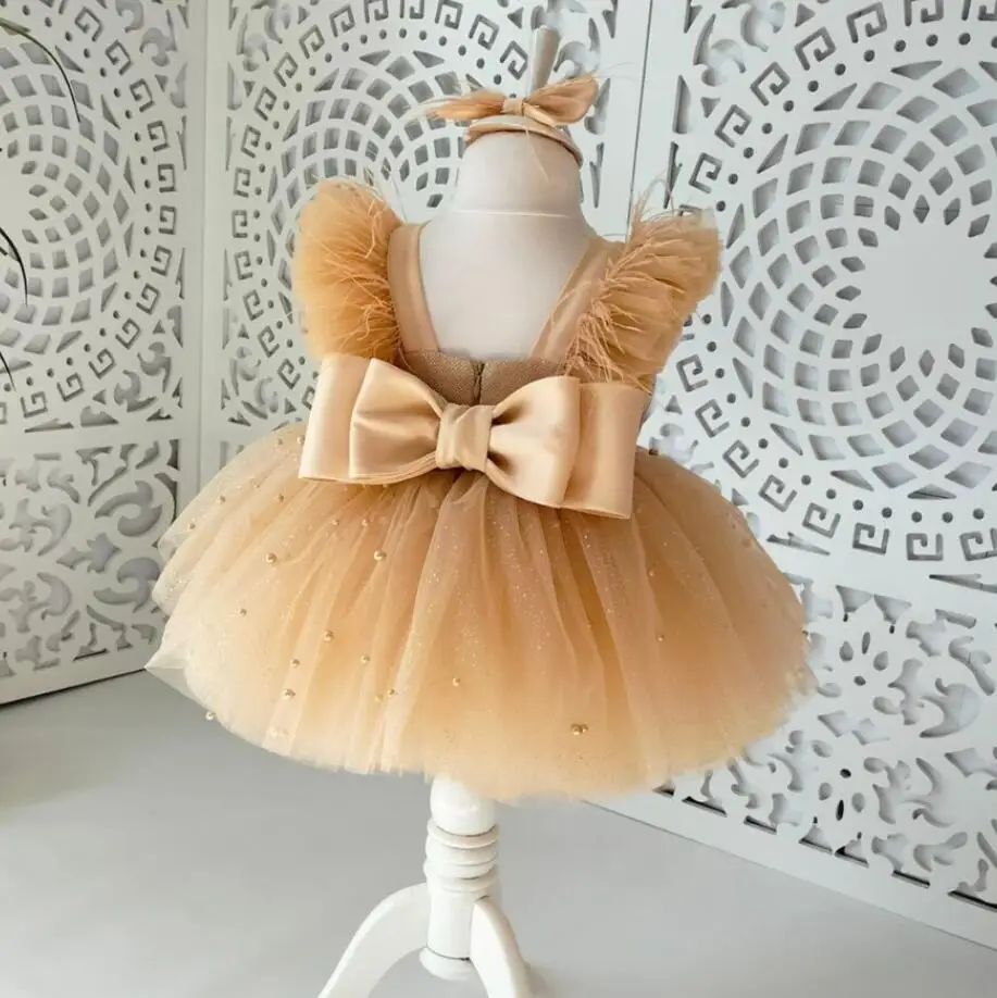 

Customised Champagne Baby Girls Dresses with Big Bow Pearls Fluffy Flower Girl Dress Kid Birthday Prom Pageant Gown 12M