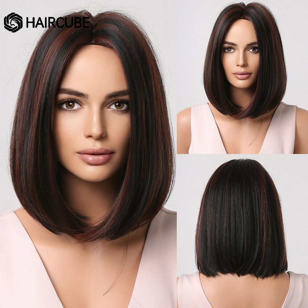 

HAIRCUBE Short Highlight Synthetic Wigs Black Brown With Red Brown Shoulder Length Bob Wigs for Women Daily Cosplay Natural Wigs