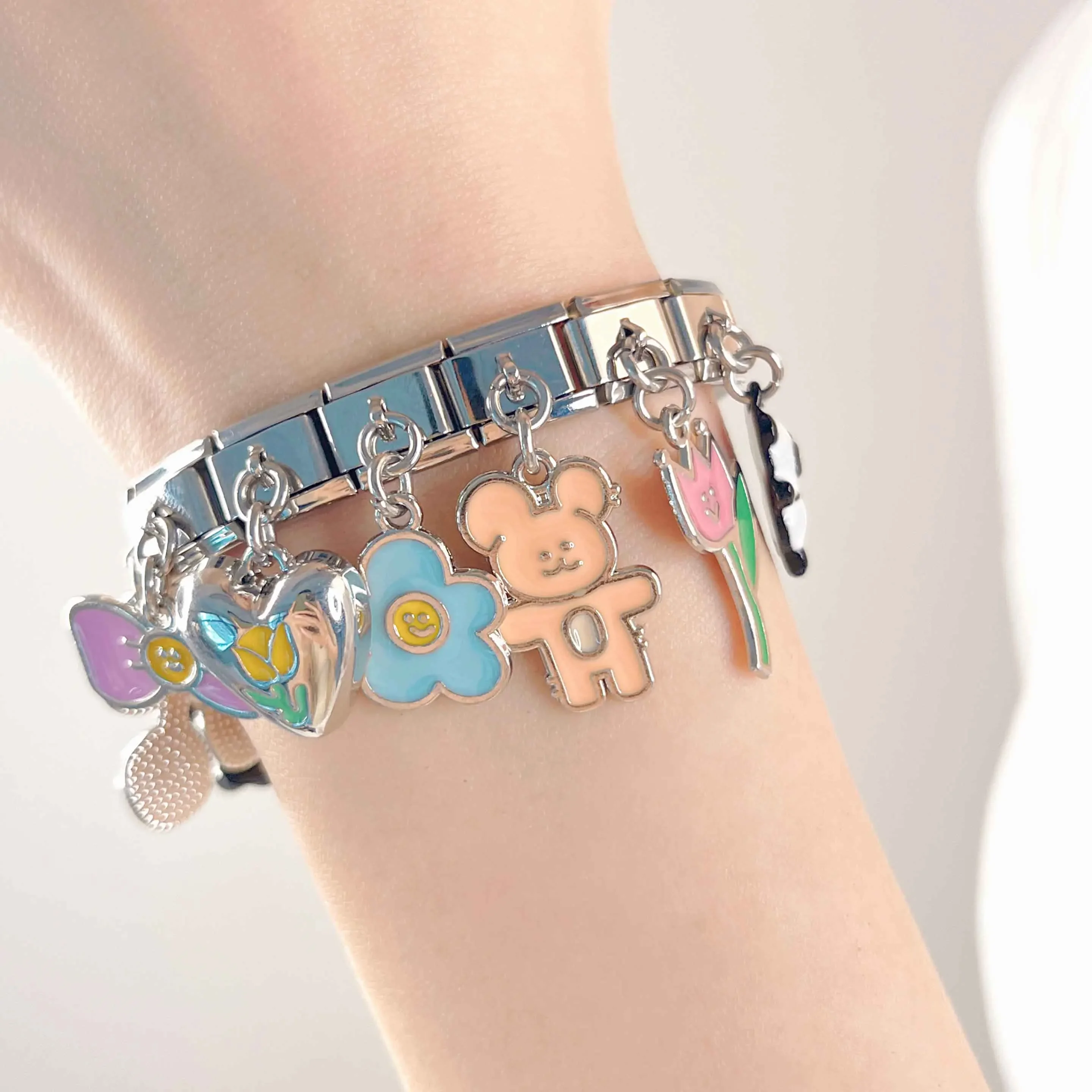 Charm Bracelet Bear Flower Cherry Tulip Heart Charm for 9mm Bracelet