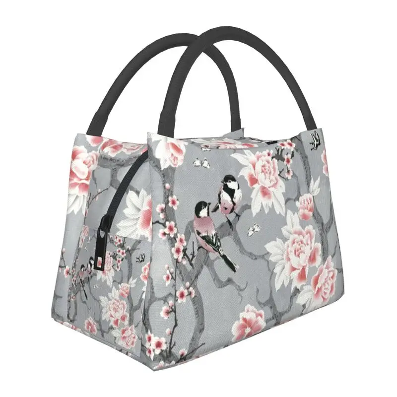 

Chinoiserie Birds In Grey Thermal Insulated Lunch Bag Peony Lunch Container for Outdoor Camping Travel Storage Meal Food Box