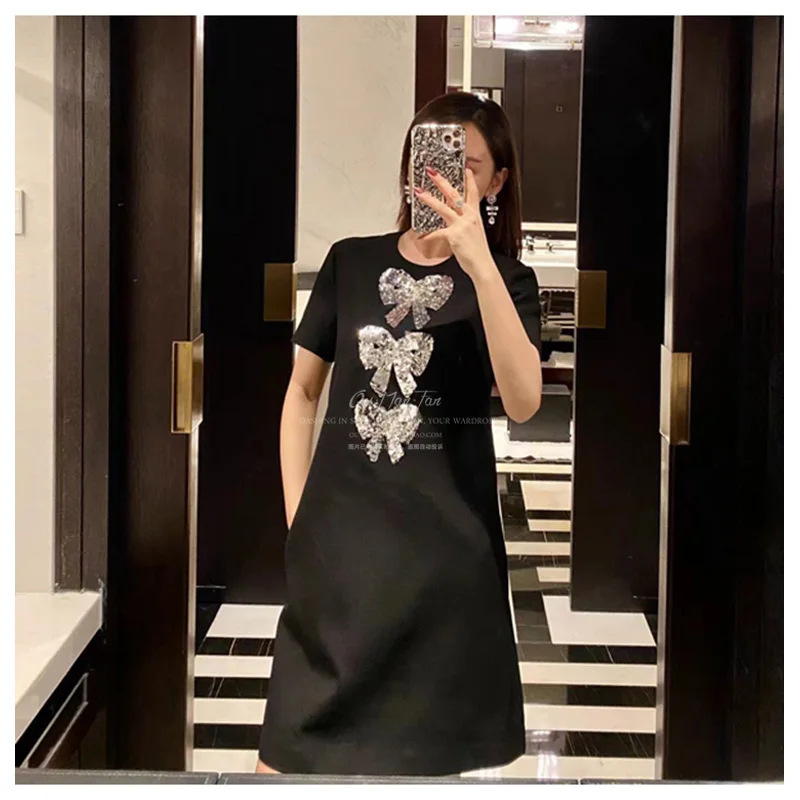 

New Arrival High-End Customization Women Bow BlacK A-Line Dress Vintage Hand-Made Luxry Diamond Pearl Elegant 2022 Summer