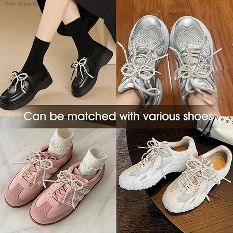 2pcs Shoelace Decorative Buckle Handmade Shoes Clip Double Layered Pearl Bead Bowknot Charm Bag Key Chain Pendant Accessories