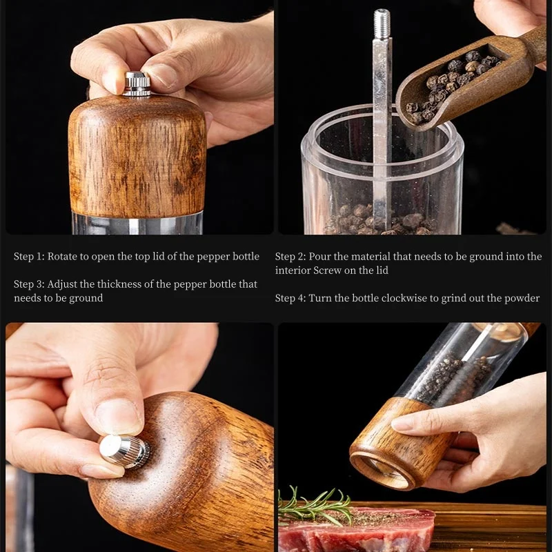 Manual Salt and Pepper Grinder 6/8 Inch Solid Wood Spice Shaker Mill Tool With Base Adjustable Ceramic Core Grinder Kitchen Tools