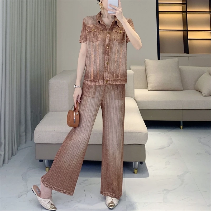 LANMREM High-end Simple Pleated Cardigan Short Sleeve Shirt And Straight Pants Fashion Imitation Denim Set For Women 2DB4494 - Image 2