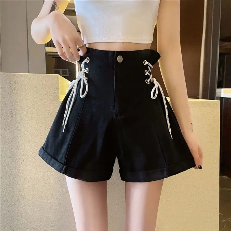 Tie Rope Waist Design Feeling Denim Shorts for Women's Oversized Slimming High Waisted Loose Summer Thin Wide Leg Pants