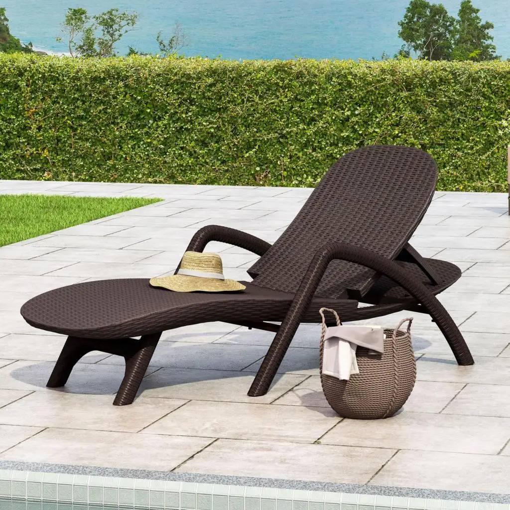 Outdoor Faux Wicker Chaise Lounge, Patio Pool Chair, Dark Brown (US Stock)