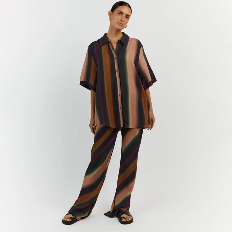 Summer New Casual Suit Women's Five-Quarter Sleeve Striped Printed Shirt High Waist Trousers Two-Piece SuitWlj