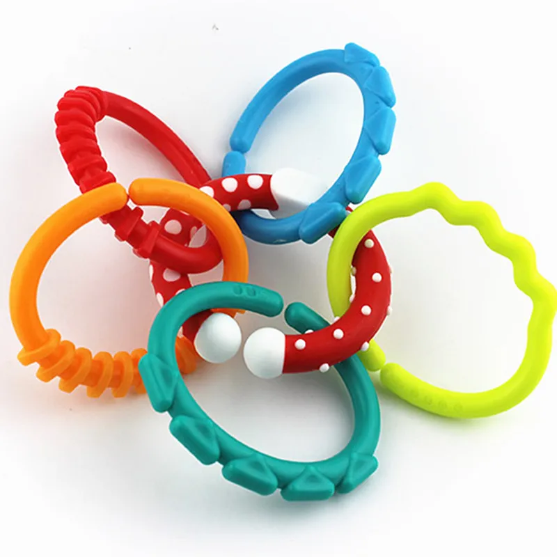 Cute Colorful Rainbow Rings Baby Teether Toy Crib Bed Stroller Hanging Rattles Grasping sensoriel Toy Educational Gift 6pcs/Set teething toys,silicone teething toys,early education toy