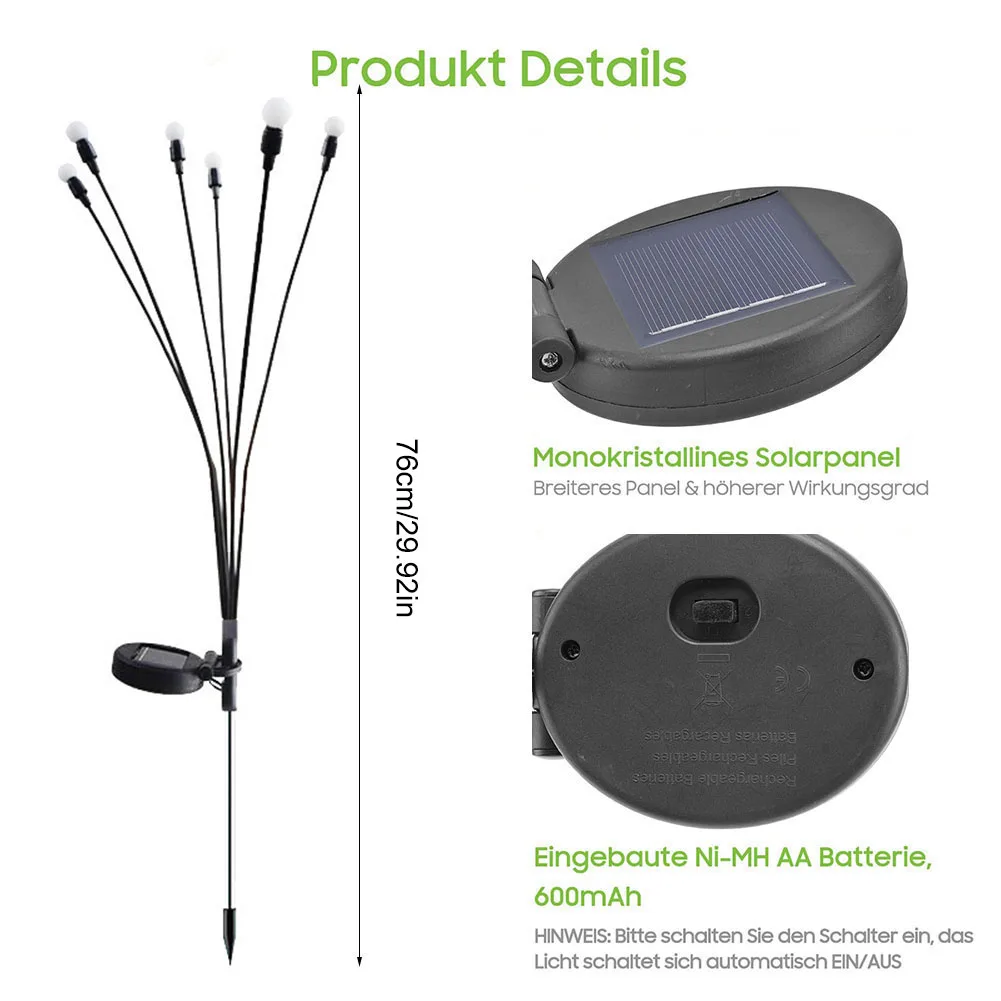 2Pcs 8 LED Vibrant Firefly Starburst Swaying Lights IP65 Waterproof Solar Powered Outdoor Firefly Lights for Lawn Hallway Patio