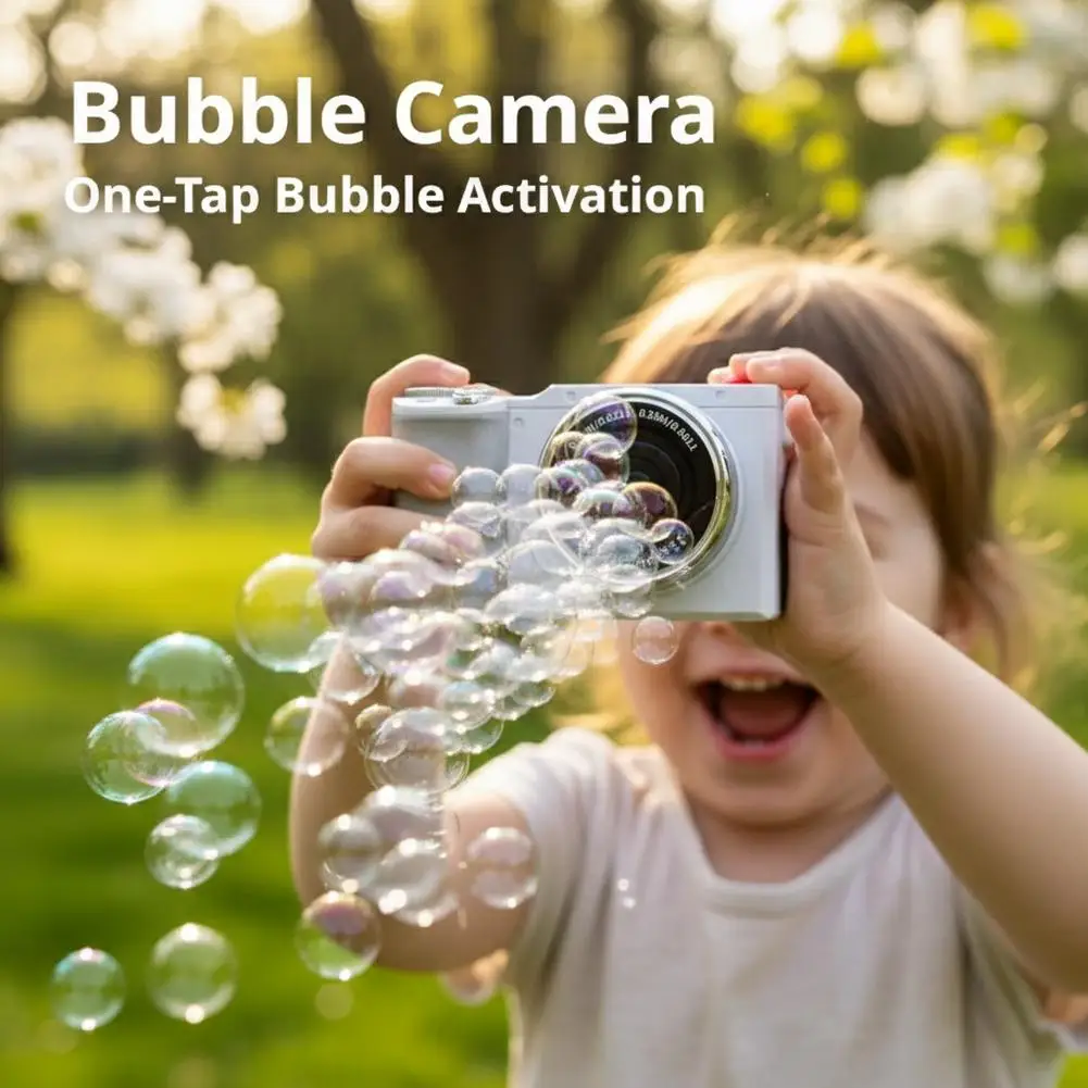 Kids' DSLR-Style Automatic Bubble Maker with Lights & Music, Leak-Proof Design, Bubble Solutions & Strap Included
