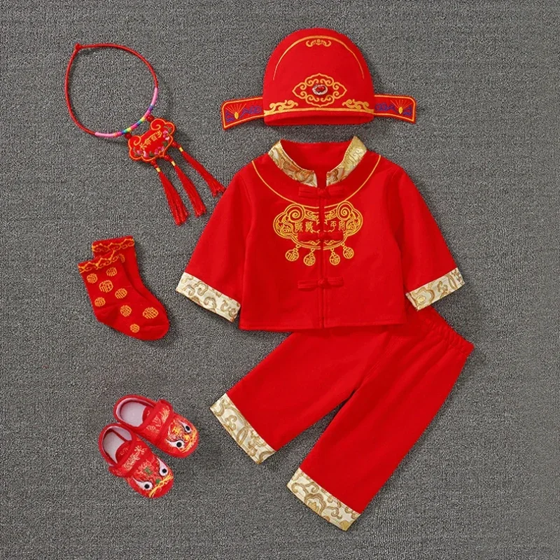 Terno chinês de algodão Tang para meninos e meninas, fechadura de longevidade, roupas bordadas de Wushu, festa de aniversário do bebê, presentes de ano novo