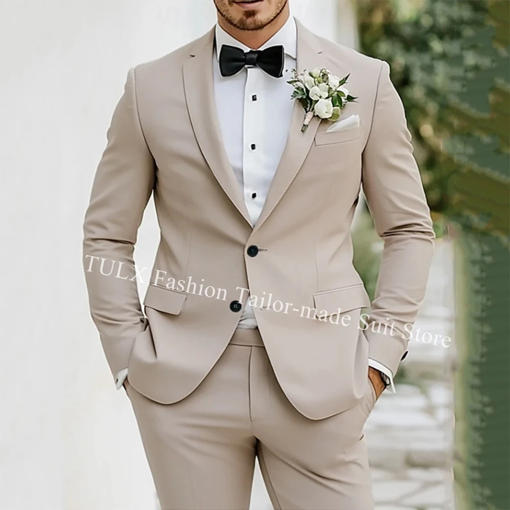 Men's Wedding Party Suits Beige Groomsmen Tuxedos Fashion Business Standard Fit 2 Pieces Suits Blazer Pants Costume Homme