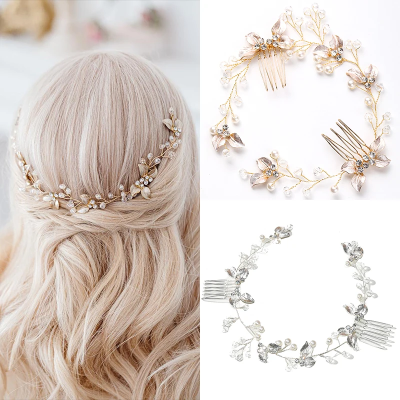 Hair Accessories Bridal Hair Accessories Bridal Jewelry Set Handmade Rose Gold Silver Color Hair Combs For Bride Women Pearls Hairbands Wedding Hair Accessories Bridal Jewelry