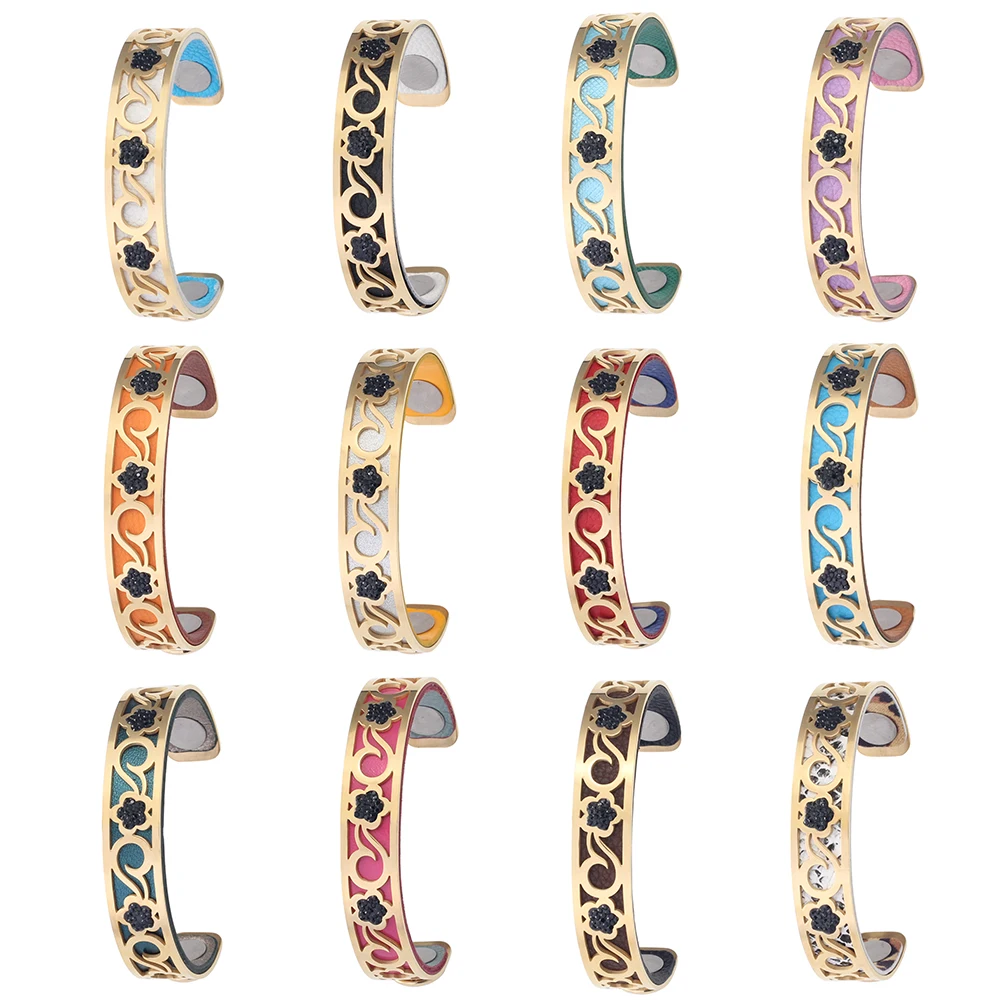 New Arrival Fashion Jewelry Flower-shaped Interchangeable Leather Bracelet For Women High Quality Stainless Steel Charm Bangles