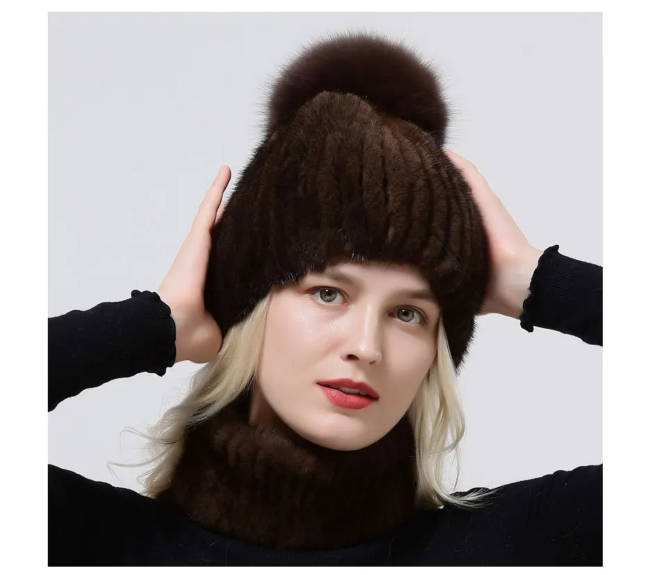 Natürliche Pelz Hut Frauen Im Freien Gestrickte Mützen Hut Weichen Gestreiften Mädchen Schnee Bommel Nerz Pelz Hut 100% Echtpelz Schnee kappe Winter Hut – Detail 5