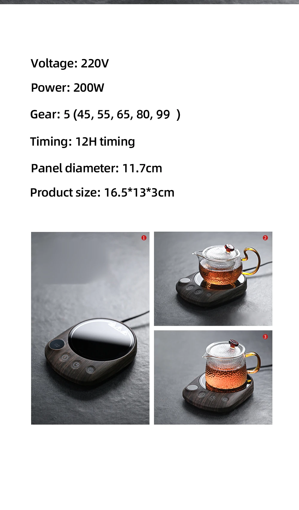 Description Picture 4 of item200W Coffee Mug Warmer Cup Heater 100°C Hot Tea Makers Warmer Coaster Heating Pad 5 Gear Cup Heaters For Coffee Milk Tea 220V