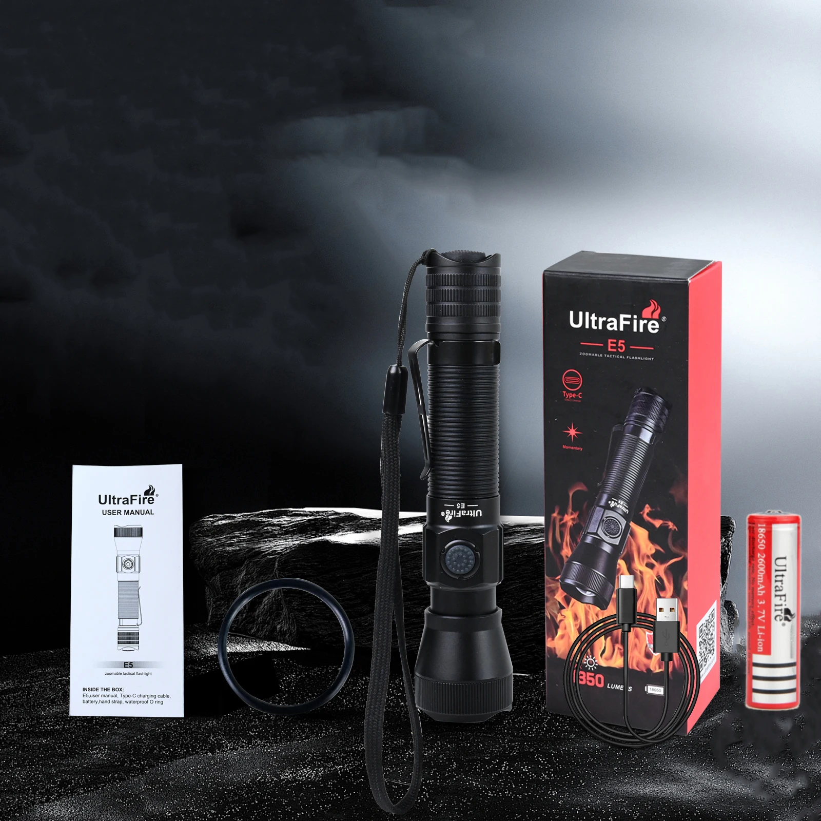 UltraFire E5 Army Tactical Flashlight 1350LM 450M Powerful LED Torch Light 18650 Type-C USB Rechargeable Military Tactical Lamp