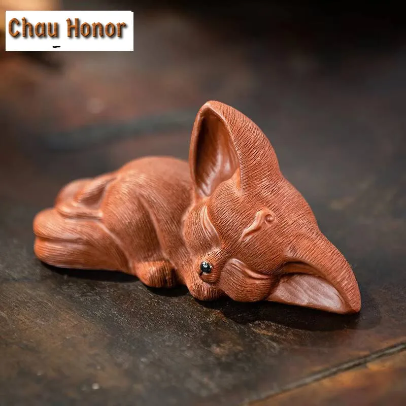 Chinese Yixing Purple Clay Sculpture Tea Pet Lucky Fox Statue Art Ornaments Animal Tea Figurine Crafts Home Tea Set Decors Gifts
