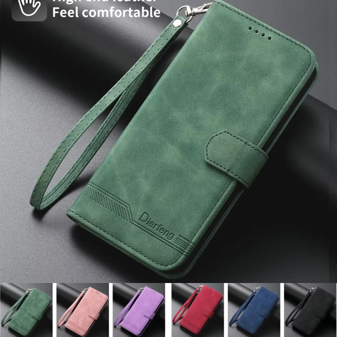 Genuine Leather Foldable Phone Case with Hand Strap, Wallet, Card Slots, and Hinge Protection