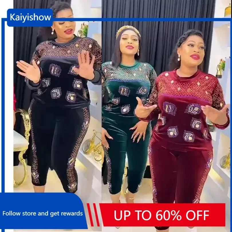 

Модный повседневный костюм для девочек в африканском стиле, эластичные блестки со стразами, декоративный круглый вырез, длинный рукав