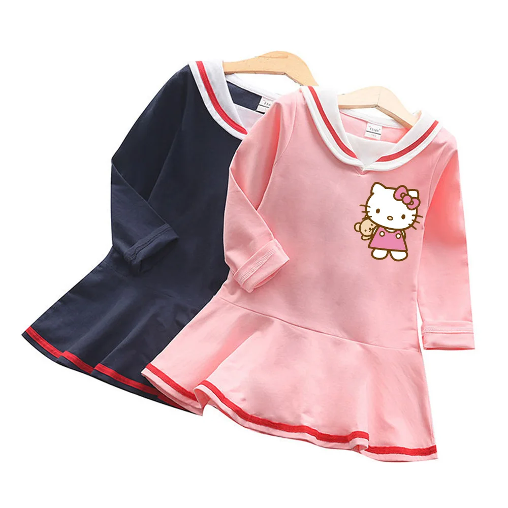 Kawaii Sanrio Hello Kitty My Melody Y2K Kids Cotton Dress Long Sleeve Pleated Skirt Girl Children Clothing Cute Princess Dress girls lace pleated half sandals spring summer children s solid leather shoes kids pleated princess soft bottom closed toe shoes