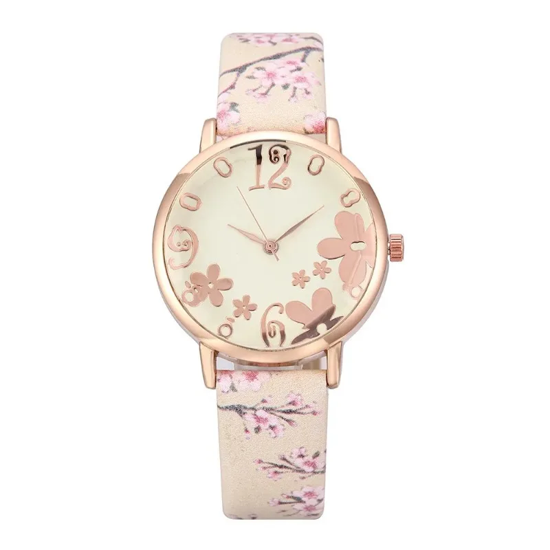 Fashion Trend Embossed Flowers Printed Dial Leather Belt Watch for Women Colorful Flowers Printed Belt Quartz Exquisite Watch