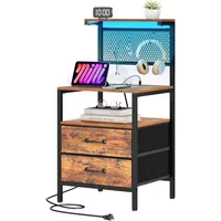Tall Nightstand with Charging Station and LED Lights, Large Night Stands with Fabric Drawers, Bedside Table with Storage Shelves 1