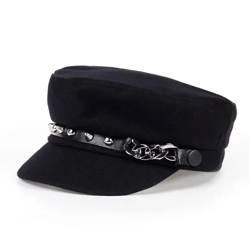 Unisex Rivet Chain Military Hats Flat Top Baseball Caps for Women Outdoor Sports Military Hats Cadet Sunscreen