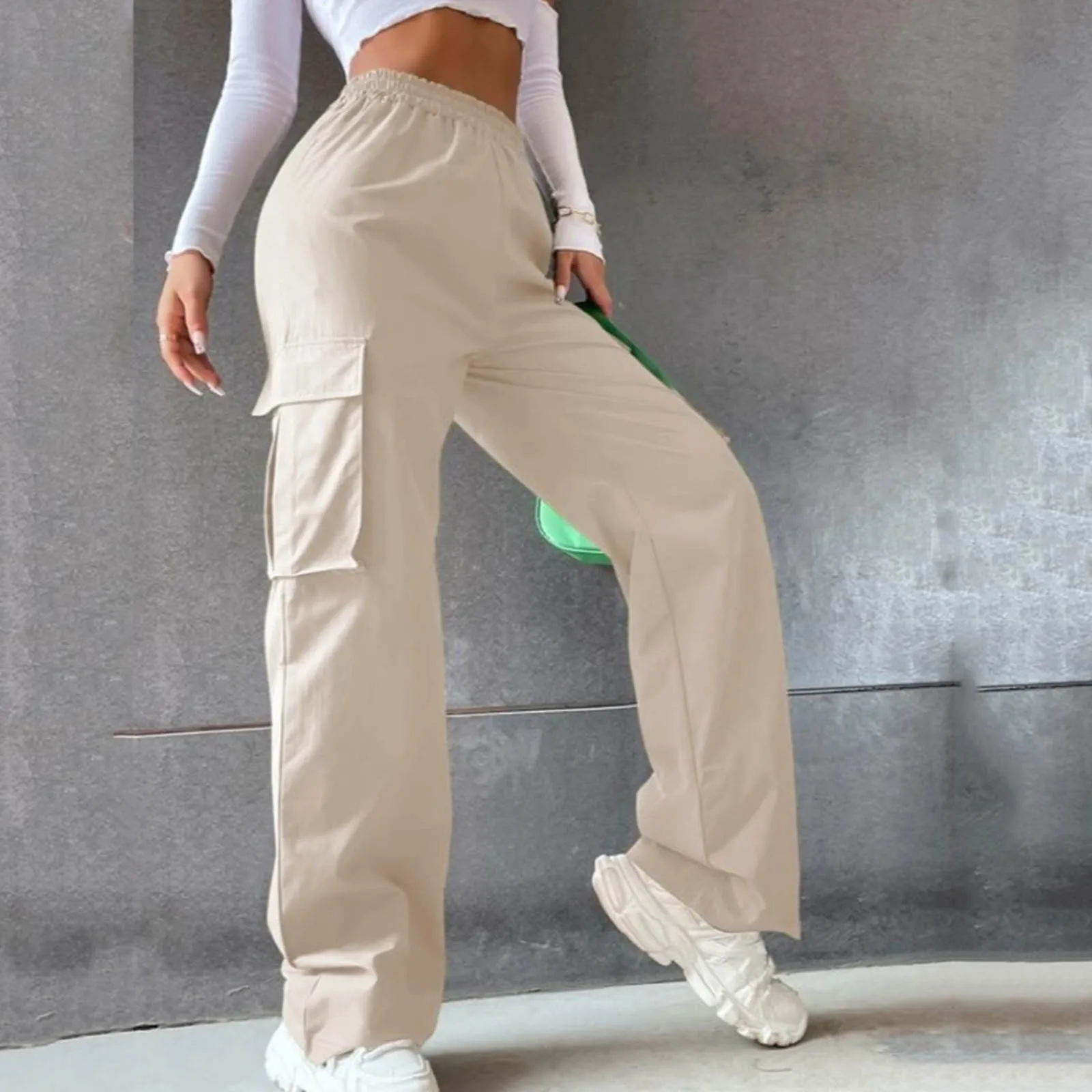 2022 Casual Cargo Pants Women S-XL Size Belt Less High Waisted Wide Leg  Trousers Loose Straight Leg Relaxed Style Trousers Trous - AliExpress