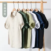 923 100% Linen Men's Summer Fashion Shirt High Quality Solid Color Simple Casual Short Sleeve Blouses Basic Thin Breathable Tops 1