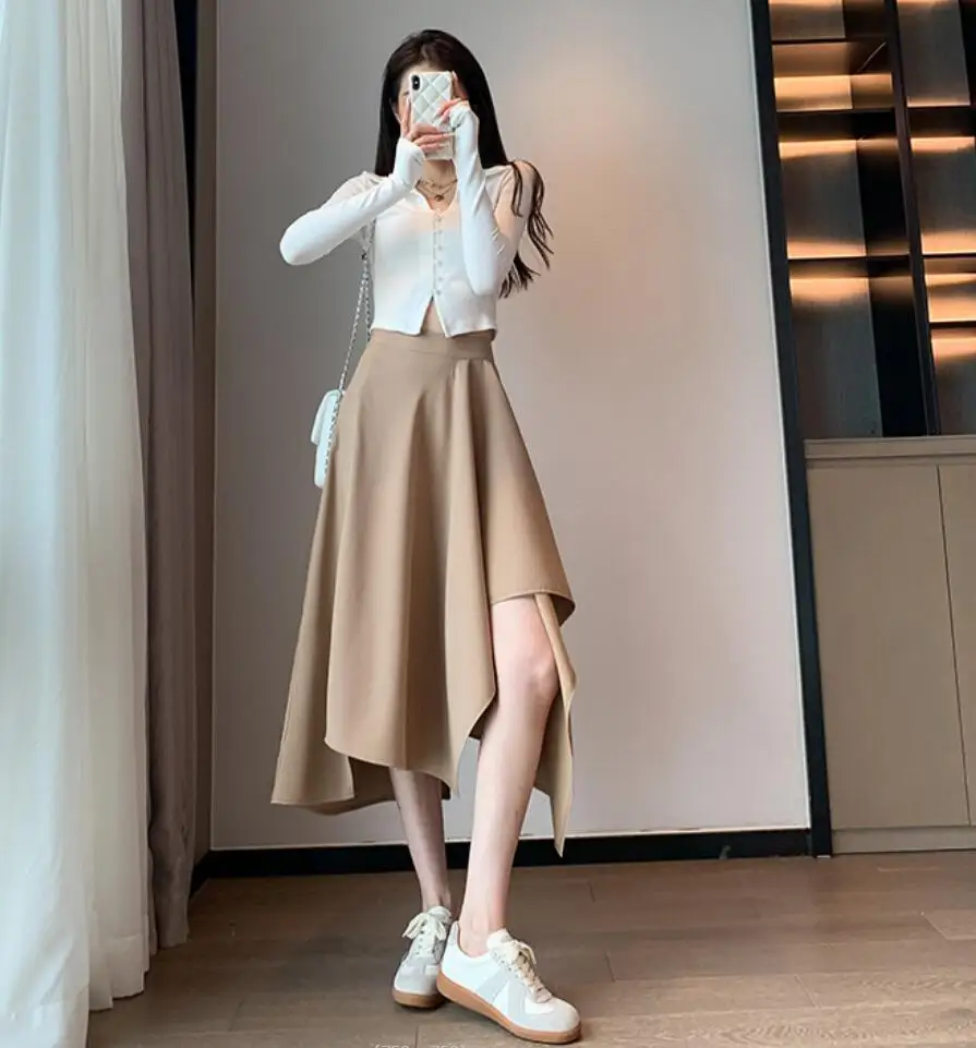 

Skirt Korean Summer Women High Waist Design A-word Asymmetrical Mid-Calf Skirt Vintage Elegant Woman Office Pleated Skirt Bottom