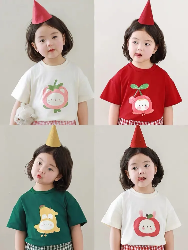 

Short Sleeve Tshirt 2024 Summer New Girls Children Cartoon Fruit Print Tees Toddler Costume Casual Loose Cute Round Neck Tops