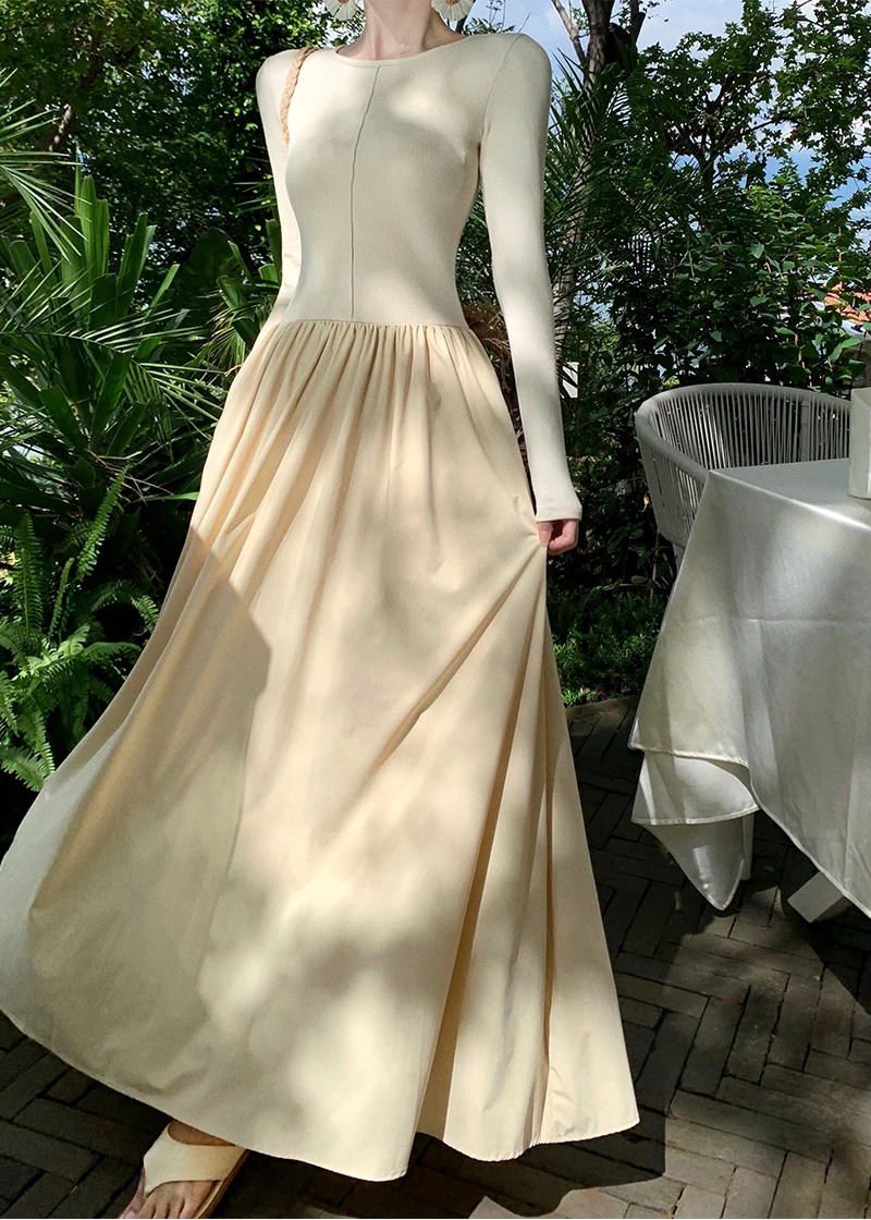 Vestidos largos informales de retazos para mujer, cuello redondo, mangas largas, corte en A, otoño primavera, moda coreana, vestidos de una pieza para mujer, nuevos