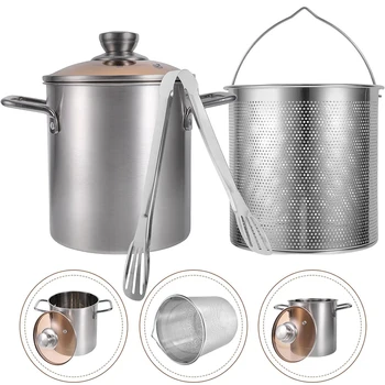 LMETJMA Pentola per friggitrice da 3 litri Pentola in acciaio inossidabile con cestello per cottura a vapore in rete Pentola per friggitrice Tempura giapponese con coperchio e pinza JT230 1