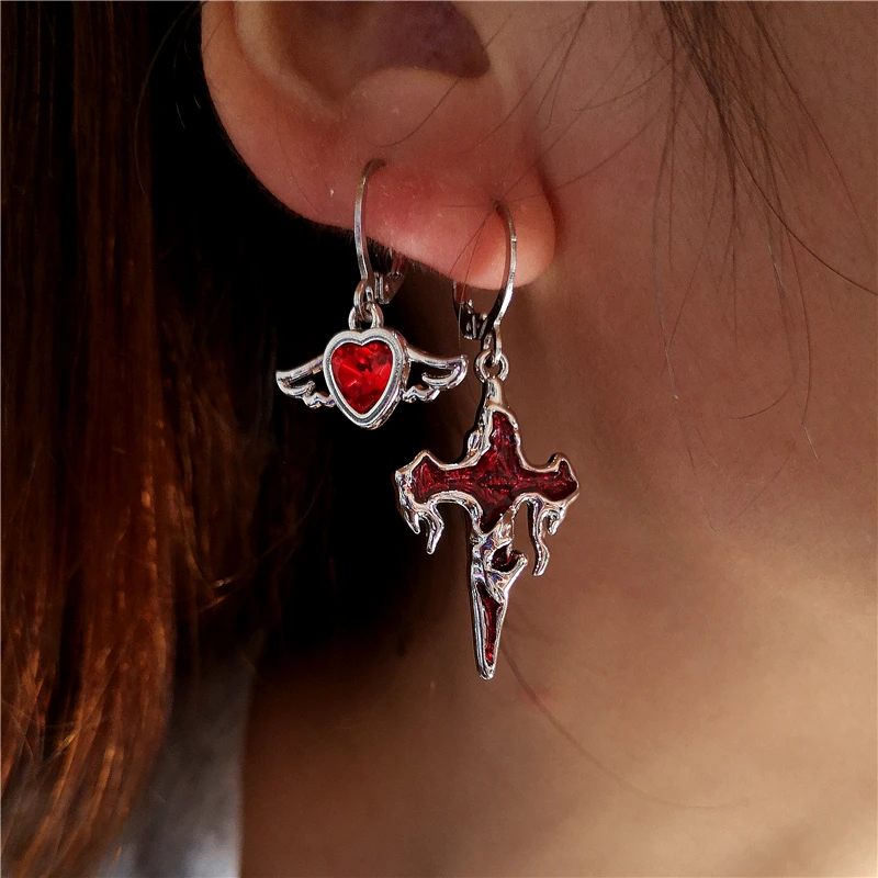 Gothic Punk Irregular Red Crystal Heart Cross Pendant