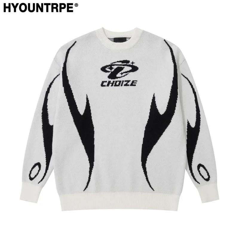 Mens Racing Style Sweater Knitted Pullovers Casual Long Sleeve Loose O Neck Harajuku Sweaters Streetwear Unisex Jumpers Knitwear