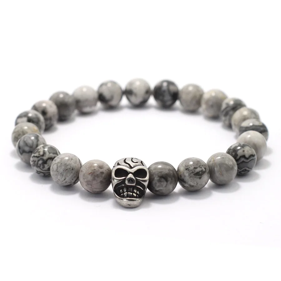 Men Lava Beaded Skull Bracelet Natural Stone Hiphop Jewelry
