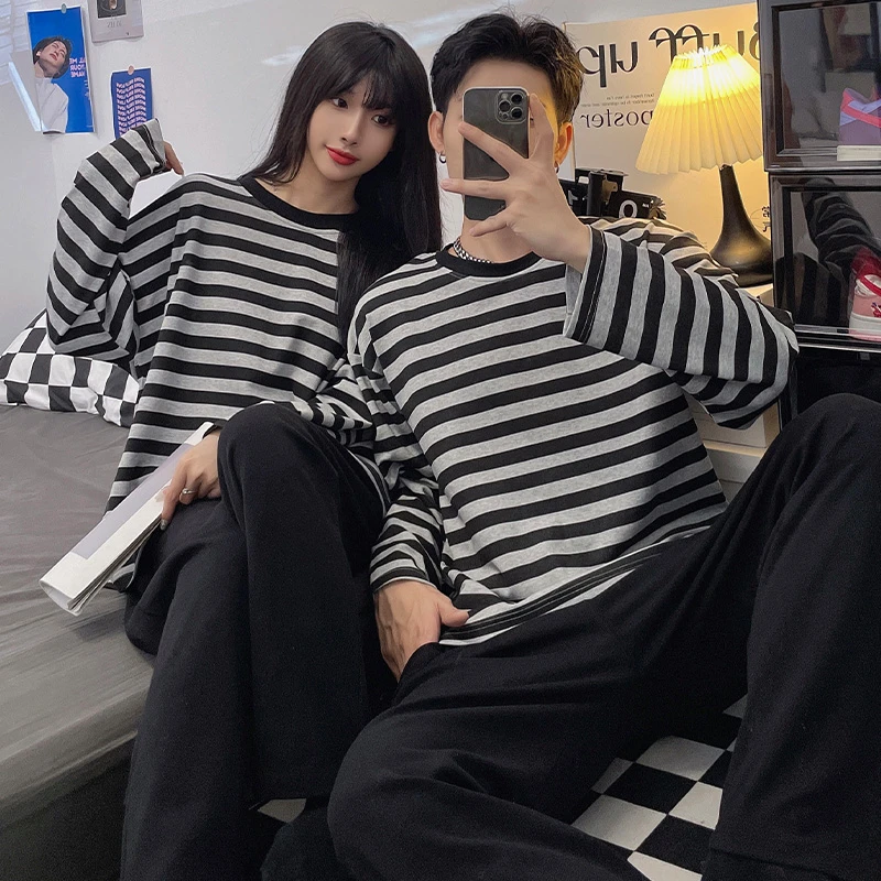 Pajama Sets Cotton Men Pajamas Plus Size Autumn and Winter Striped Long-Sleeved Trousers 2 Piece Set Sleepwear Casual Breathable Home Wear
