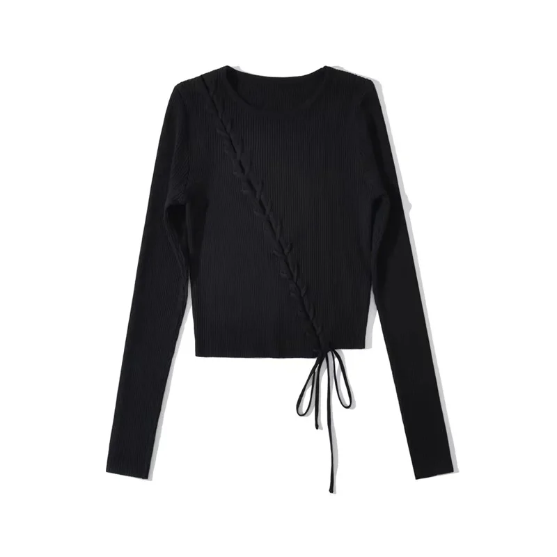 Women Solid Asymmetric Lace Up Detail Knit Crop Jumper