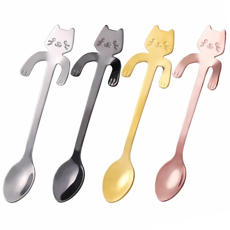 Cuchara de café de acero inoxidable con forma de gato, cucharilla encantadora, cuchara para aperitivos, helado, Mini cucharas, vajilla, utensilios de cocina 6