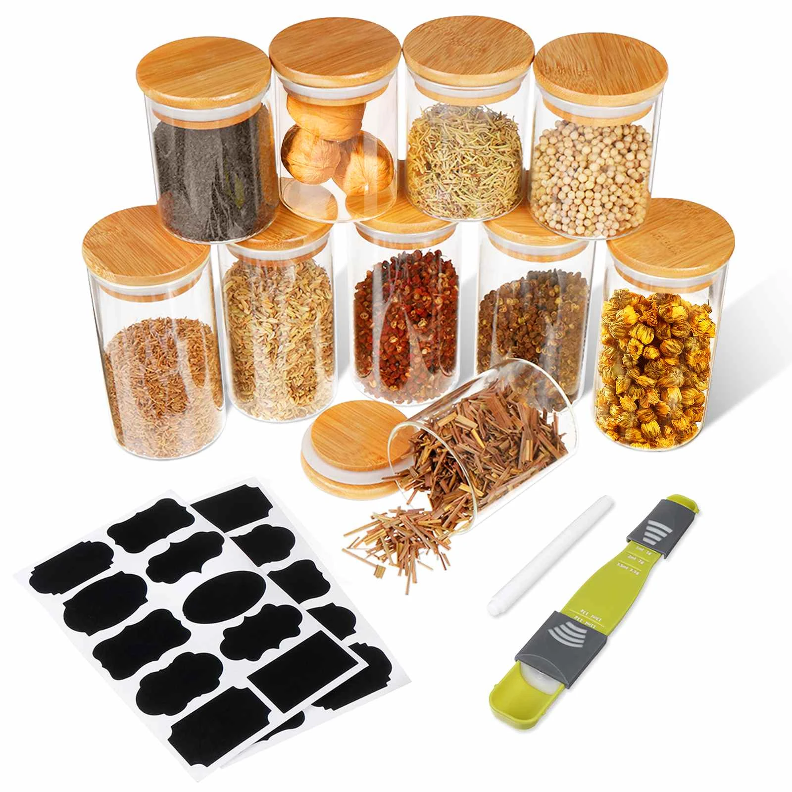 10Pcs/Set Home Kitchen Glass Storage Jars Sealed Glass Storage Jars With Bamboo Lid with Silicone Ring for Coffee Beans Grains