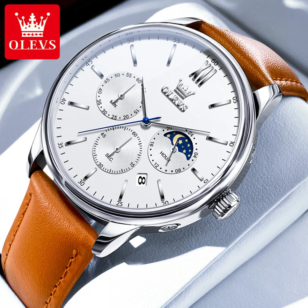 

OLEVS 2922 Simple Leather Quartz Watch For Men Chronograph Waterproof Wristwatch Fashion Top Brand Calendar Original Man Watch