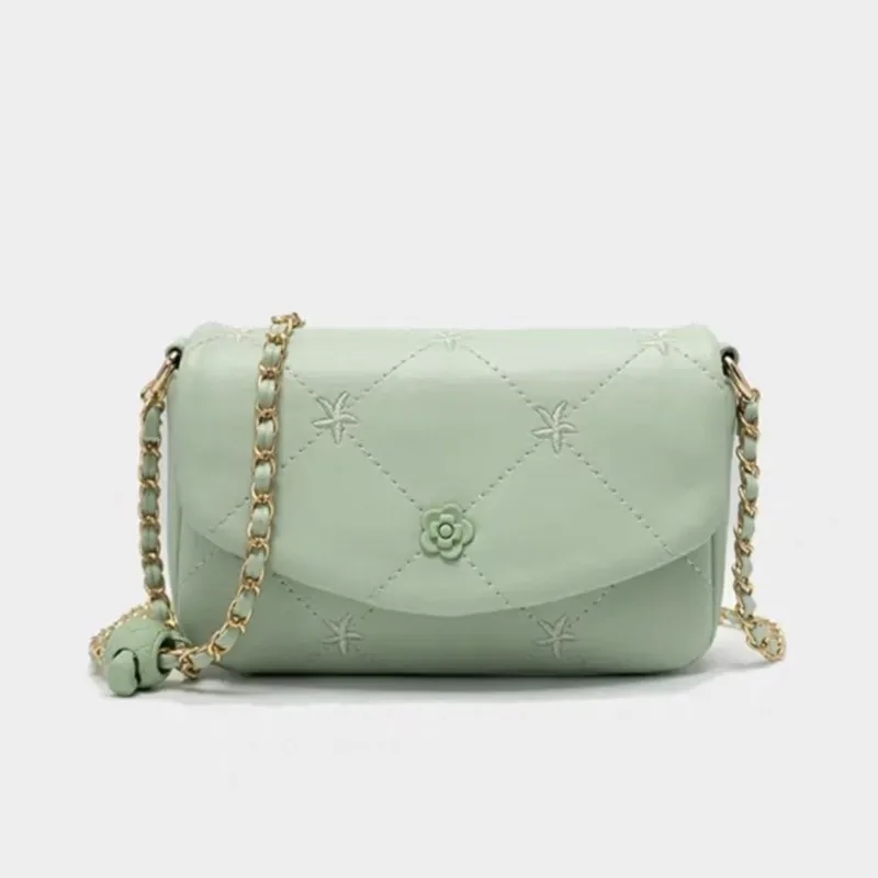 Sweet Cute Quilted Shoulder Bag Women Camellia Chain Solid Color Crossbody Bag Ladies Stitching Leather Small Square Luxury Bags