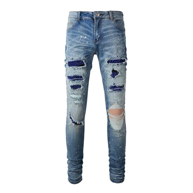 

Blue High Street Holes Sapphire Crystals Patchwork Stretch Slim Fit Rhinestones Patches Distressed Ripped Jeans Men