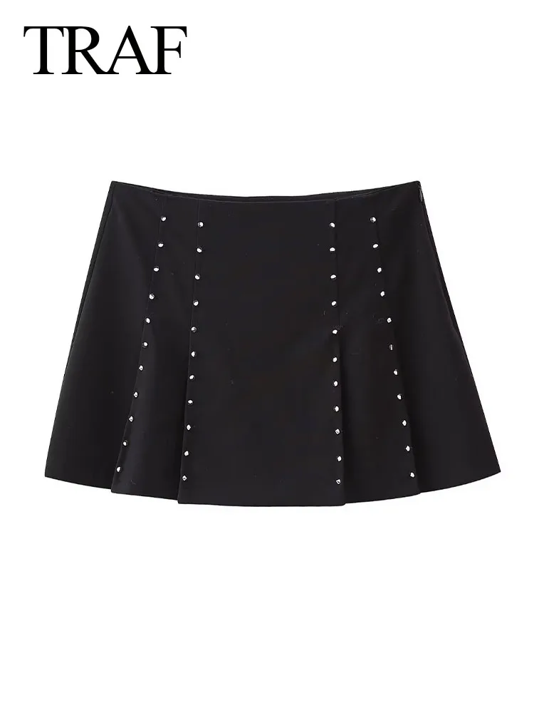 

TRAF 2024 Female Streetwear Short Skirts Solid High Waist Rivet Decoration Pleated Skirts Woman's New Fashion Spring Mini Skirts